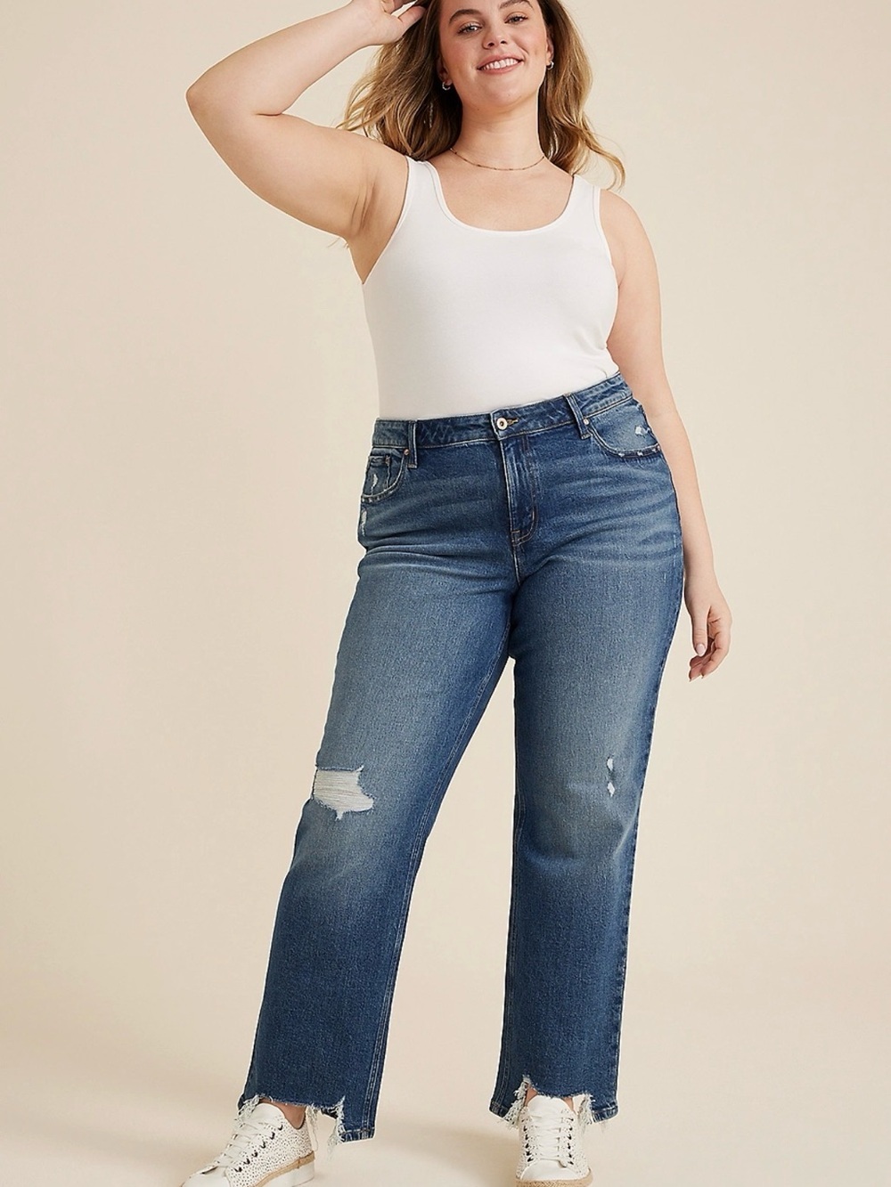 Edgely™ High Rise Relaxed Straight Leg Distressed Jeans With Shark Bite Hem